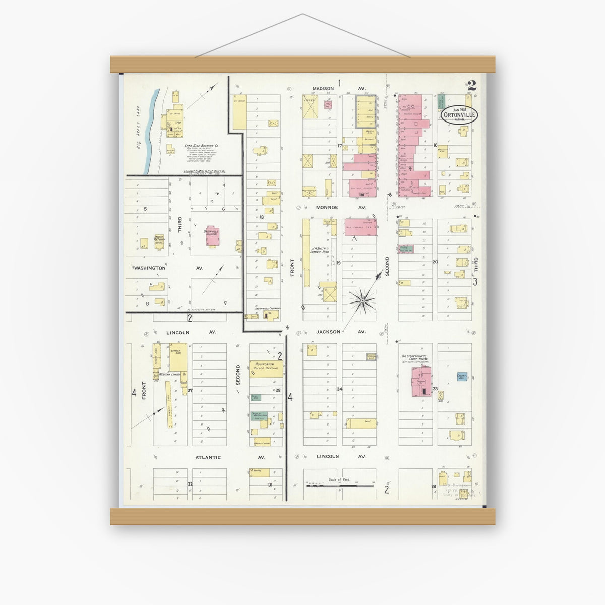Old map wall art mockup — magnetic wood frame on white wall — Sanborn Fire Insurance Map from Ortonville, Big Stone County, Minnesota (1909), Sheet #0002