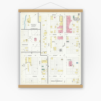 Old map wall art mockup — magnetic wood frame on white wall — Sanborn Fire Insurance Map from Ortonville, Big Stone County, Minnesota (1909), Sheet #0002