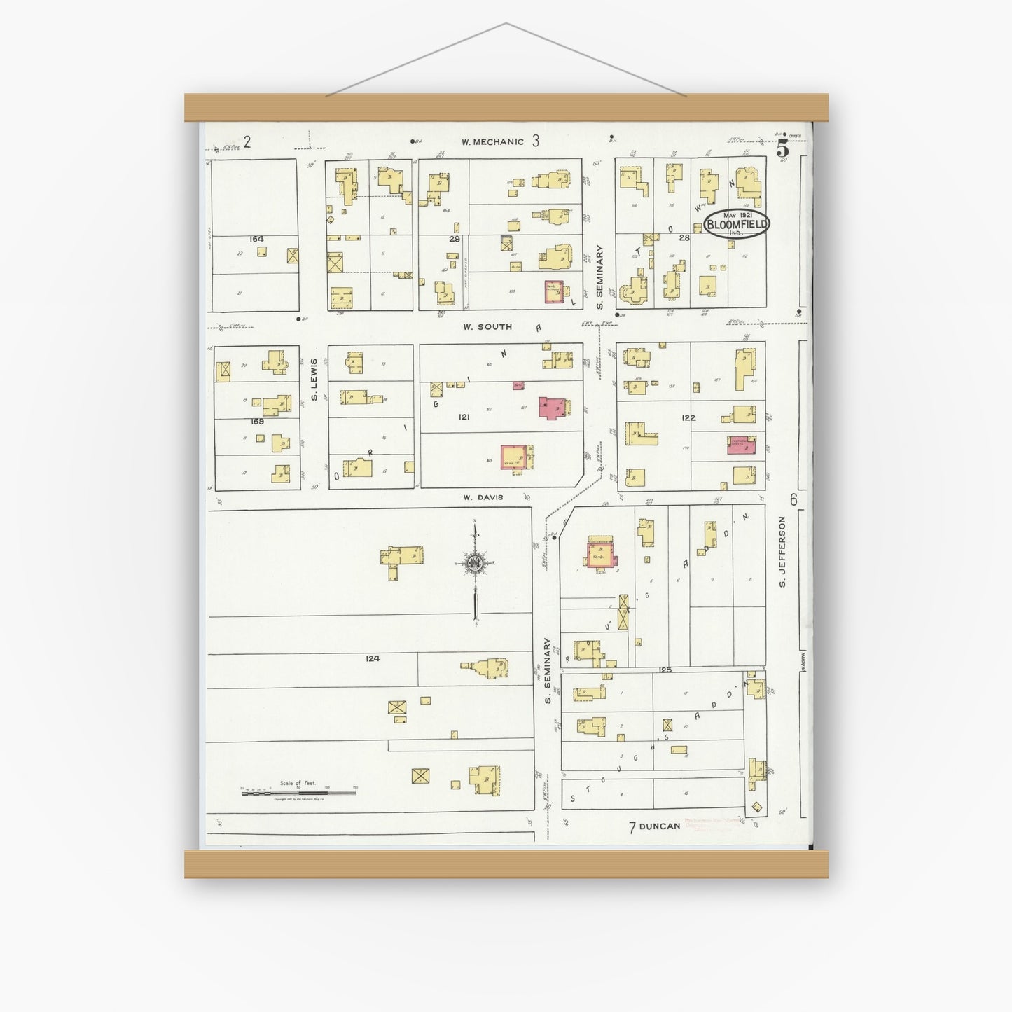 Old map wall art mockup — magnetic wood frame on white wall — Sanborn Fire Insurance Map from Bloomfield, Greene County, Indiana (1921), Sheet #0005