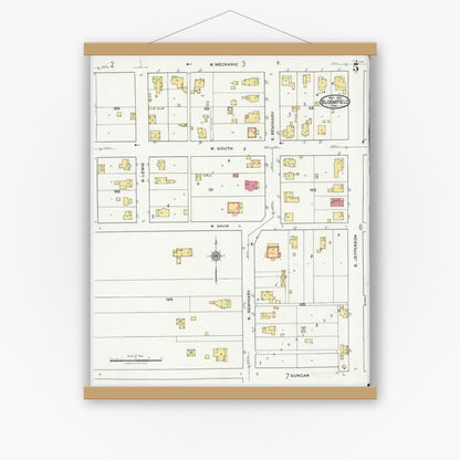Old map wall art mockup — magnetic wood frame on white wall — Sanborn Fire Insurance Map from Bloomfield, Greene County, Indiana (1921), Sheet #0005