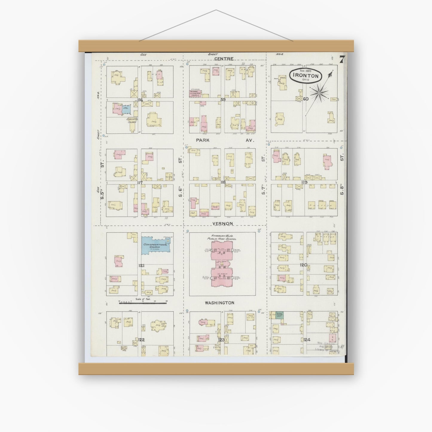 Old map wall art mockup — magnetic wood frame on white wall — Sanborn Fire Insurance Map from Ironton, Lawrence County, Ohio (1889), Sheet #0007