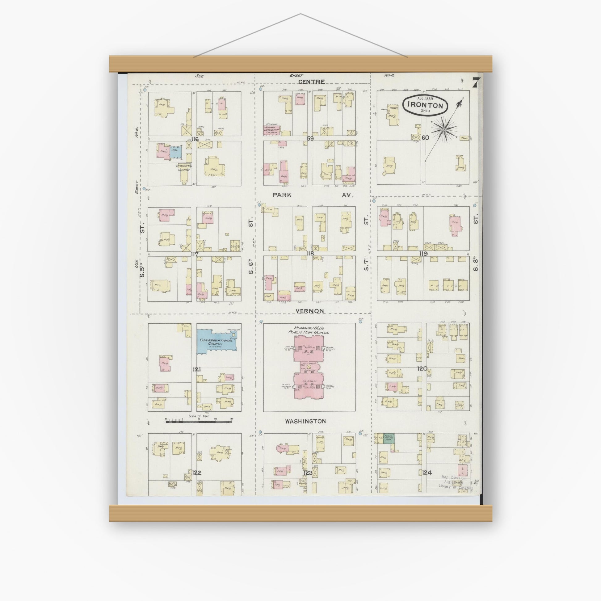 Old map wall art mockup — magnetic wood frame on white wall — Sanborn Fire Insurance Map from Ironton, Lawrence County, Ohio (1889), Sheet #0007