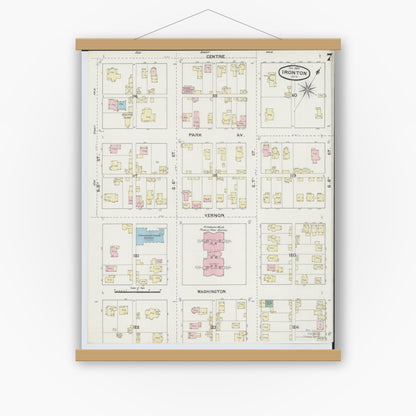Old map wall art mockup — magnetic wood frame on white wall — Sanborn Fire Insurance Map from Ironton, Lawrence County, Ohio (1889), Sheet #0007