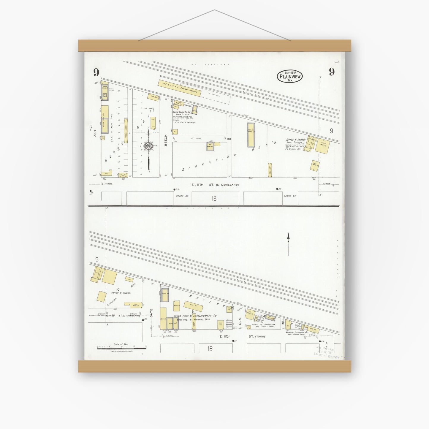Old map wall art mockup — magnetic wood frame on white wall — Sanborn Fire Insurance Map from Plainview, Hale County, Texas (1927), Sheet #0009