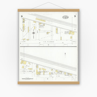 Old map wall art mockup — magnetic wood frame on white wall — Sanborn Fire Insurance Map from Plainview, Hale County, Texas (1927), Sheet #0009