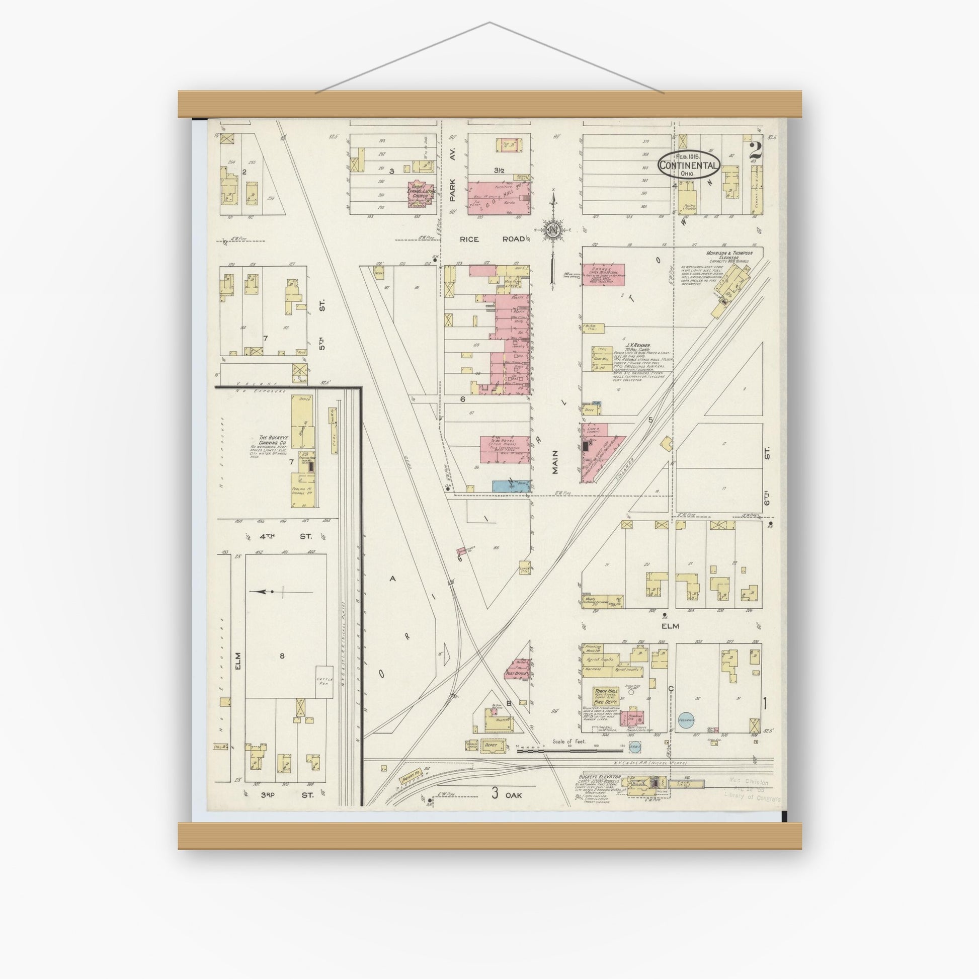 Old map wall art mockup — magnetic wood frame on white wall — Sanborn Fire Insurance Map from Continental, Putnam County, Ohio (1915), Sheet #0002