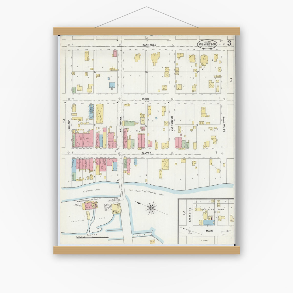 Old map wall art mockup — magnetic wood frame on white wall — Sanborn Fire Insurance Map from Wilmington, Will County, Illinois (1898), Sheet #0003