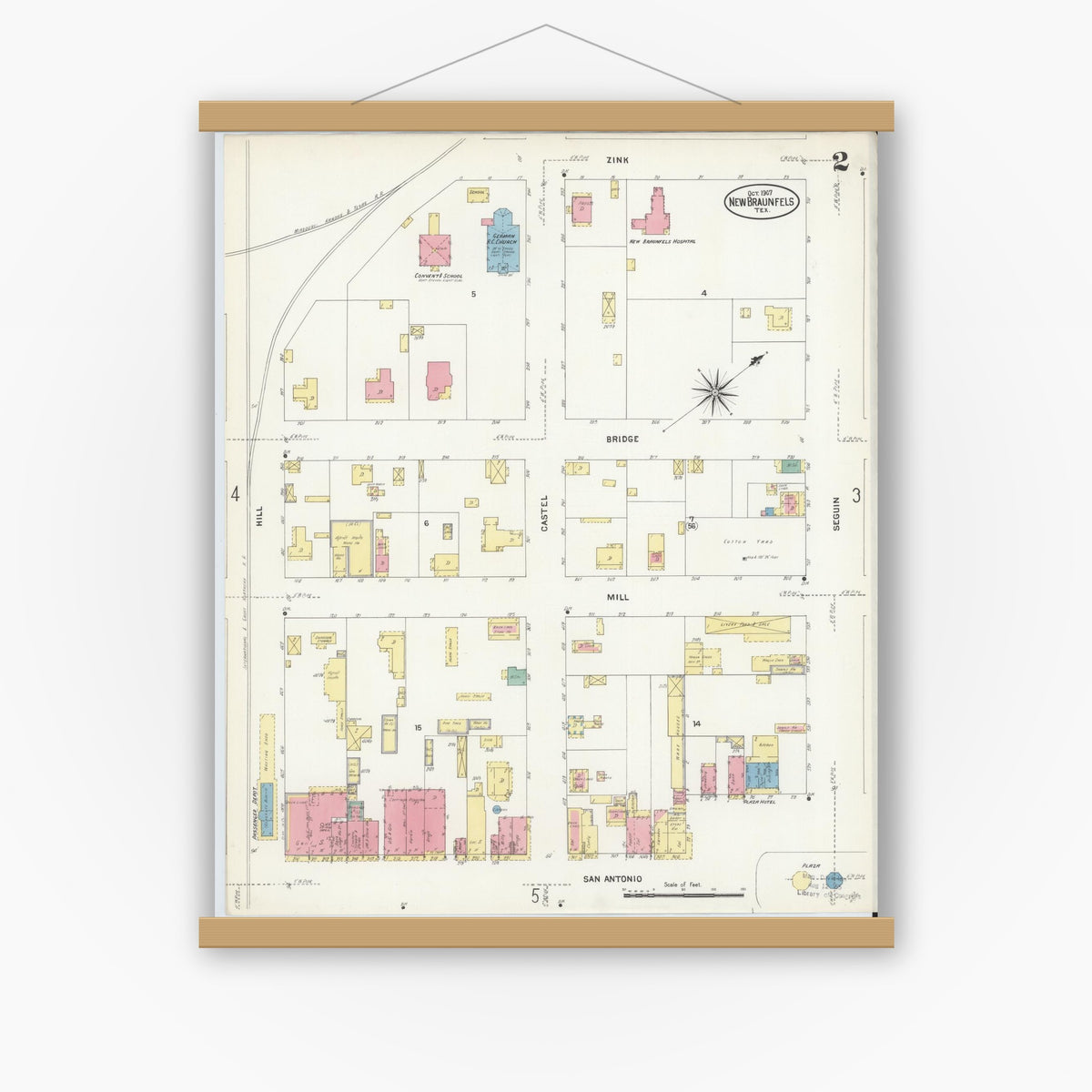Old map wall art mockup — magnetic wood frame on white wall — Sanborn Fire Insurance Map from New Braunfels, Comal County, Texas (1907), Sheet #0002