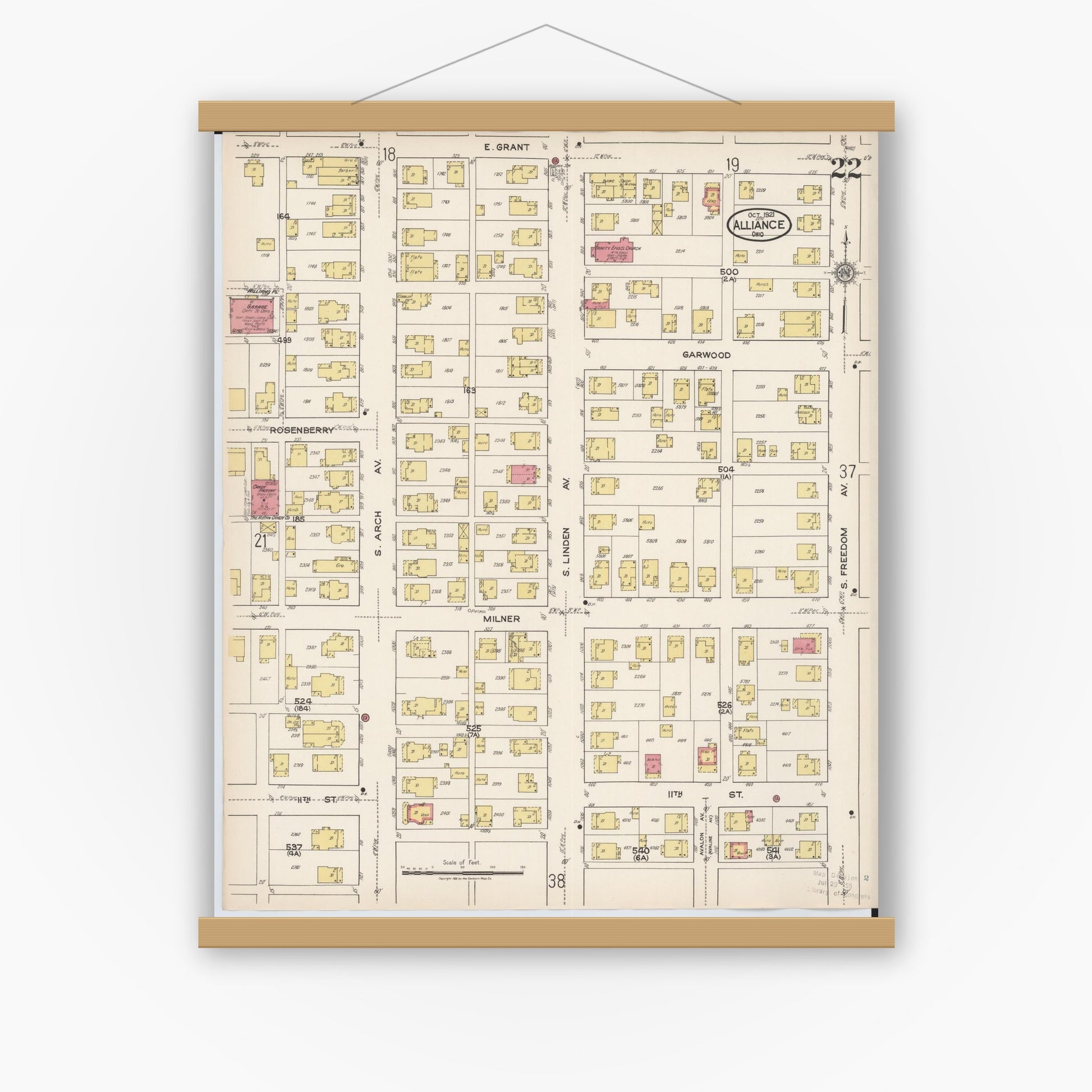 Old map wall art mockup — magnetic wood frame on white wall — Sanborn Fire Insurance Map from Alliance, Stark County, Ohio (1921), Sheet #0022