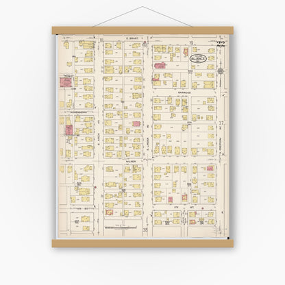 Old map wall art mockup — magnetic wood frame on white wall — Sanborn Fire Insurance Map from Alliance, Stark County, Ohio (1921), Sheet #0022