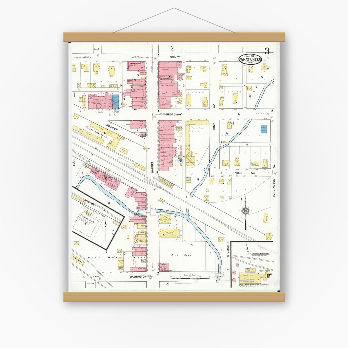 Old map wall art mockup — magnetic wood frame on white wall — Sanborn Fire Insurance Map from What Cheer, Keokuk County, Iowa (1916), Sheet #0003