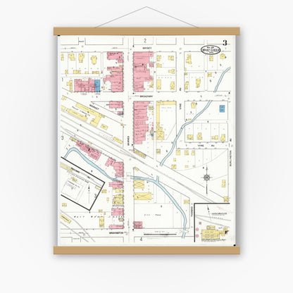 Old map wall art mockup — magnetic wood frame on white wall — Sanborn Fire Insurance Map from What Cheer, Keokuk County, Iowa (1916), Sheet #0003