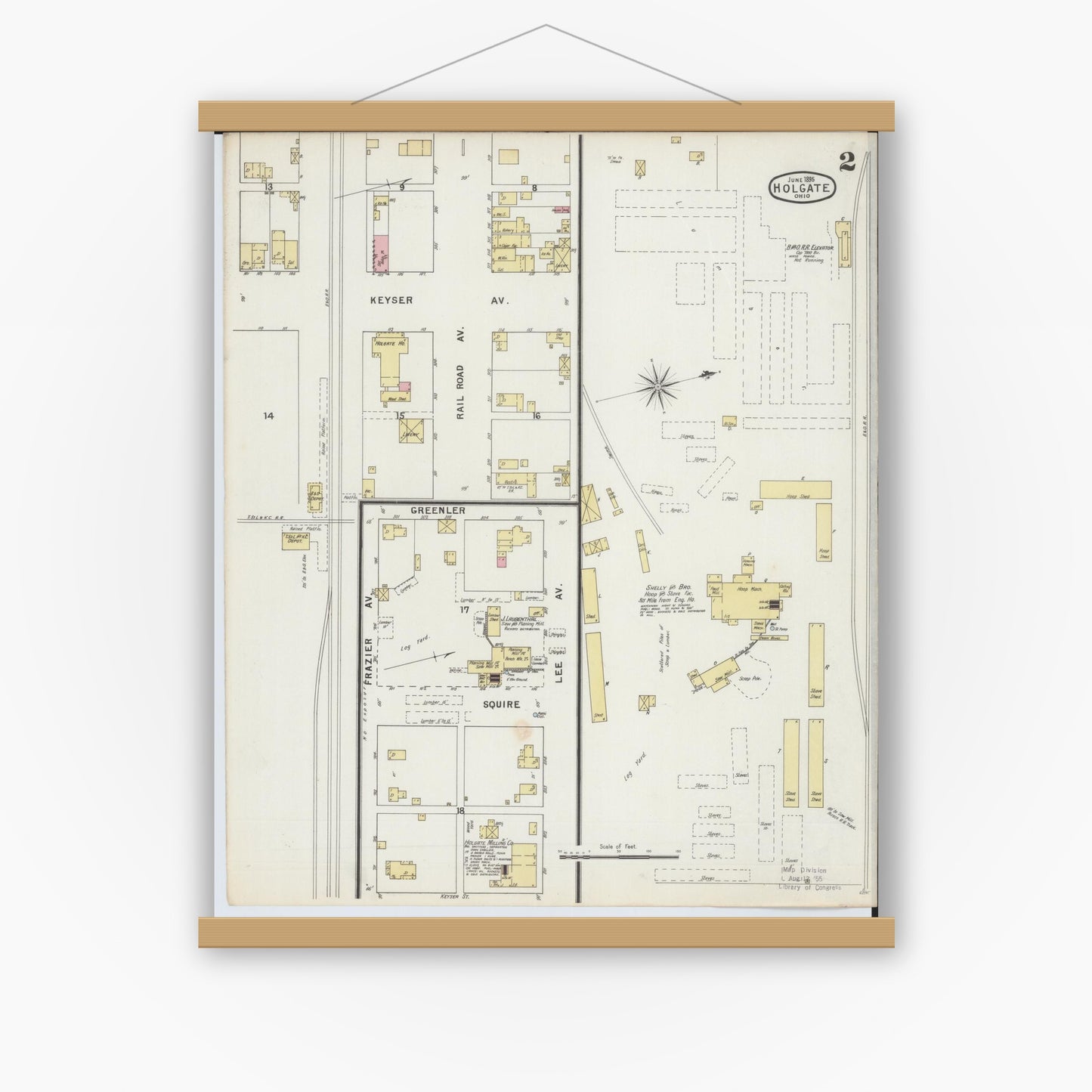Old map wall art mockup — magnetic wood frame on white wall — Sanborn Fire Insurance Map from Holgate, Henry County, Ohio (1895), Sheet #0002