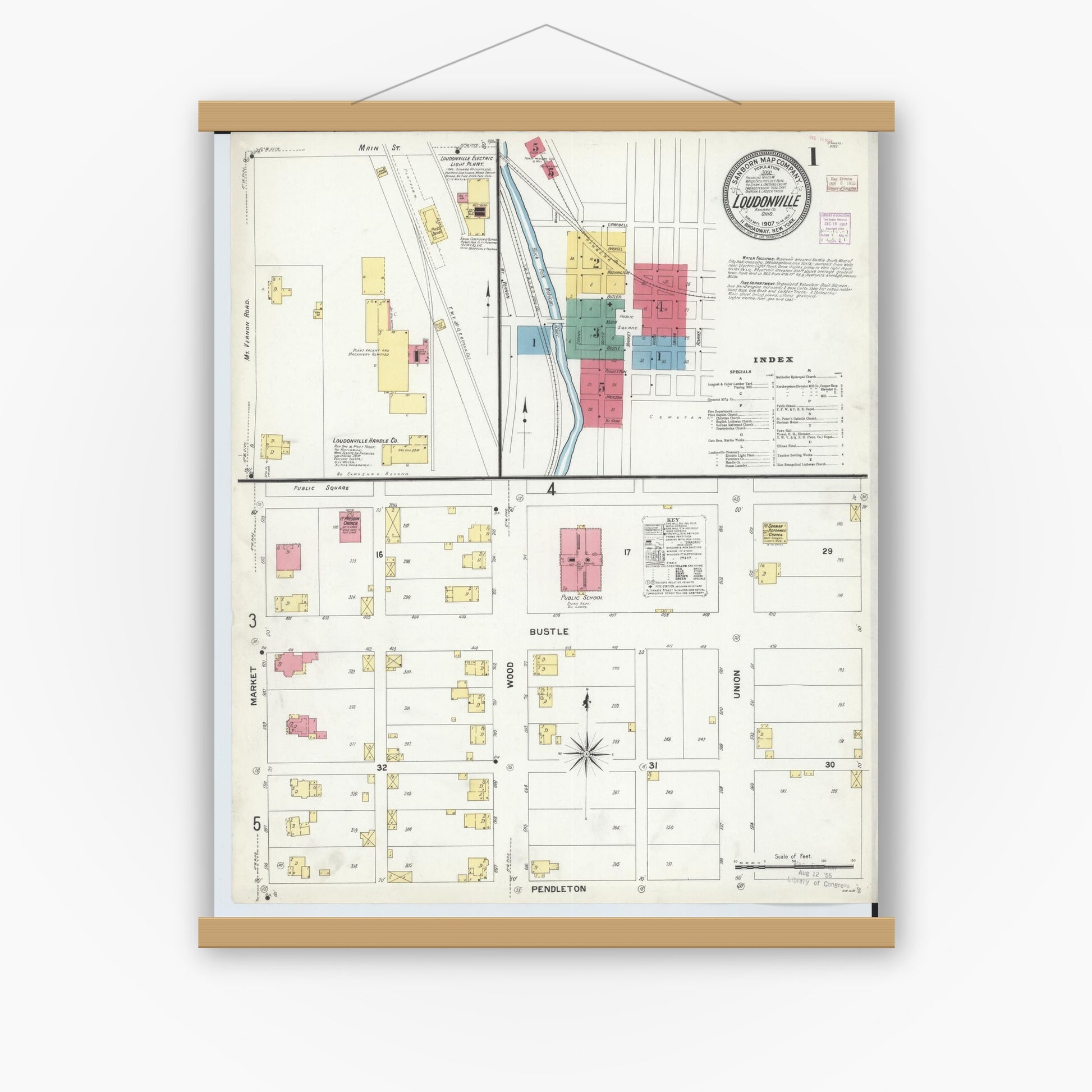 Old map wall art mockup — magnetic wood frame on white wall — Sanborn Fire Insurance Map from Loudonville, Ashland County, Ohio (1907) - Complete Map Set