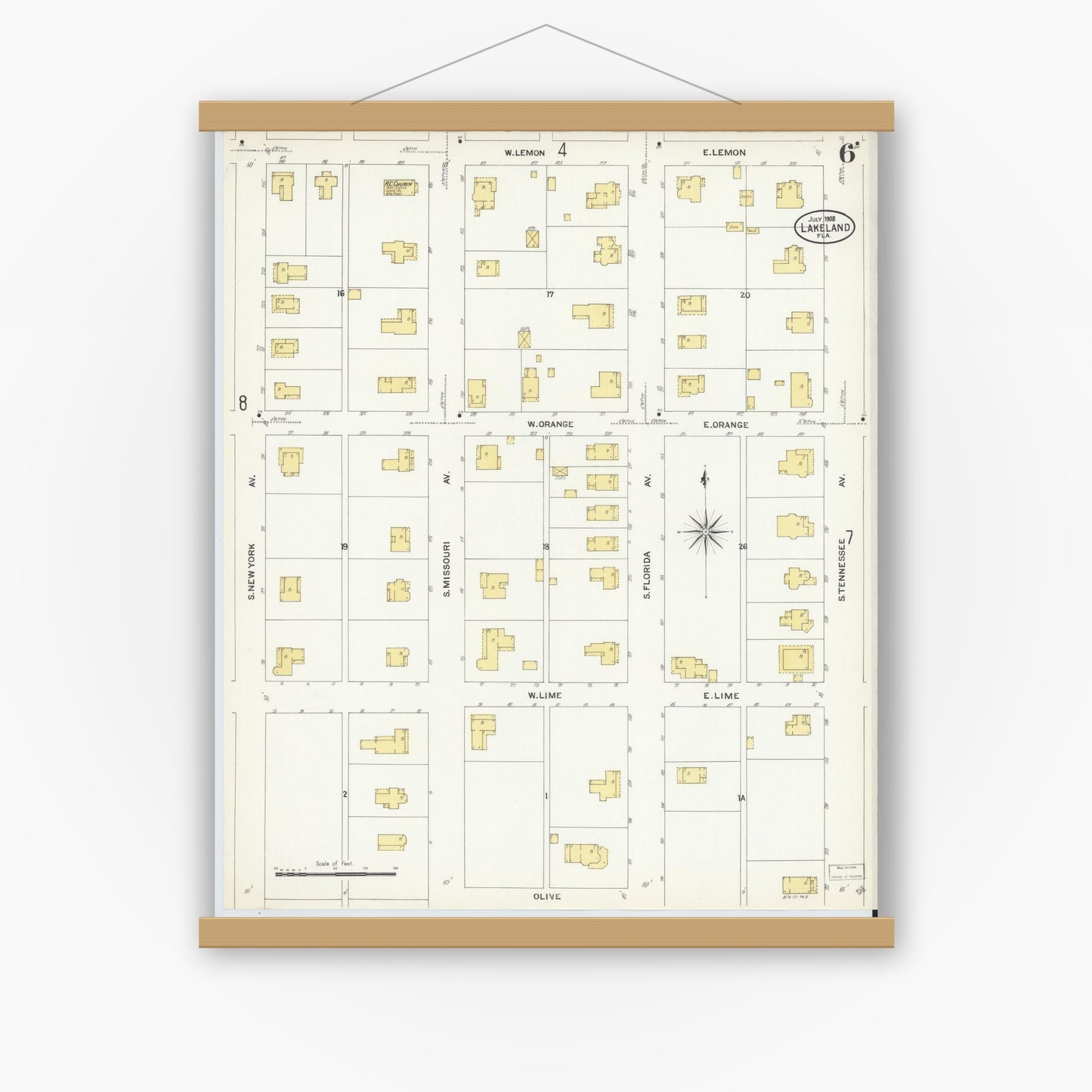 Old map wall art mockup — magnetic wood frame on white wall — Sanborn Fire Insurance Map from Lakeland, Polk County, Florida (1908), Sheet #0006