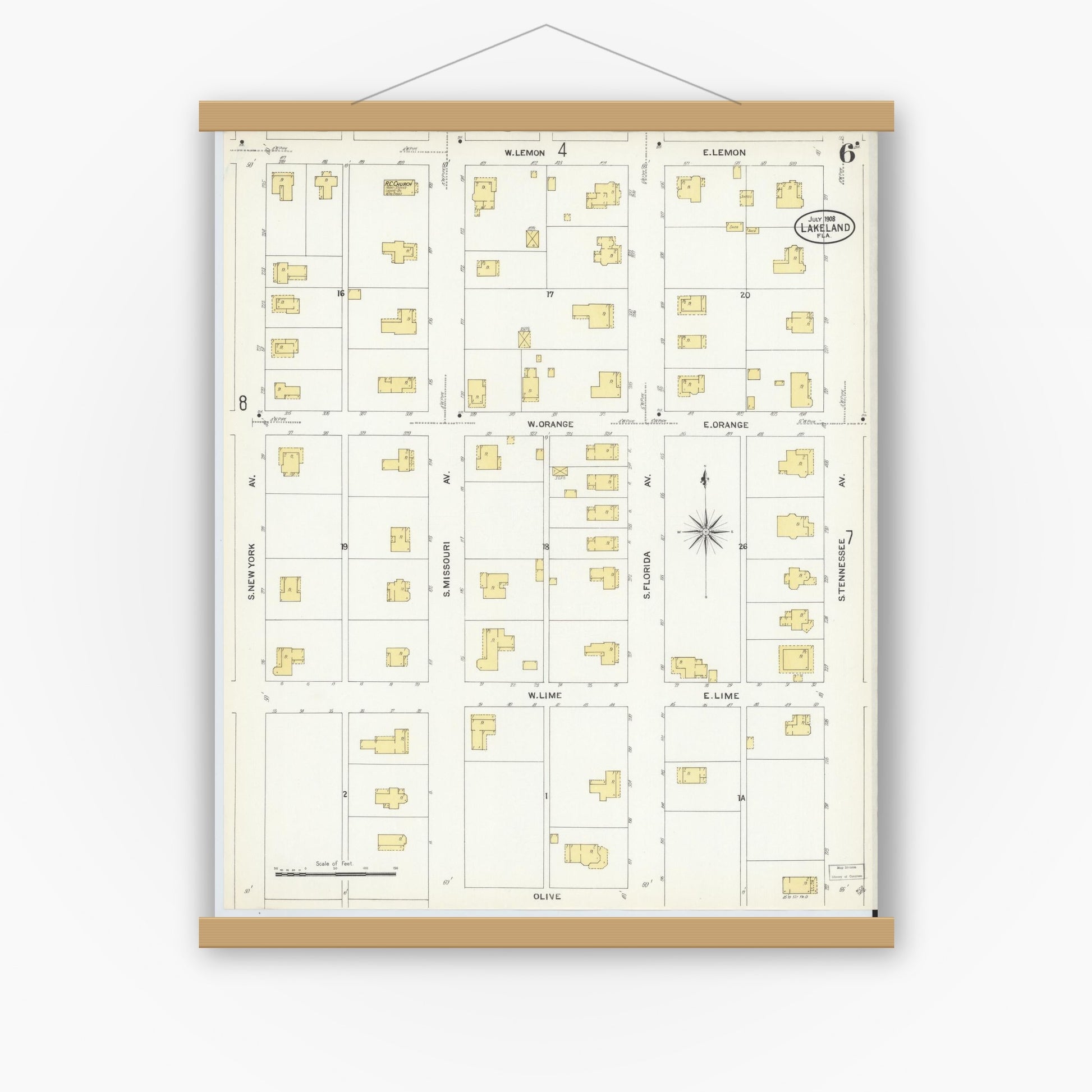 Old map wall art mockup — magnetic wood frame on white wall — Sanborn Fire Insurance Map from Lakeland, Polk County, Florida (1908), Sheet #0006