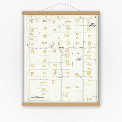 Old map wall art mockup — magnetic wood frame on white wall — Sanborn Fire Insurance Map from Lakeland, Polk County, Florida (1908), Sheet #0006