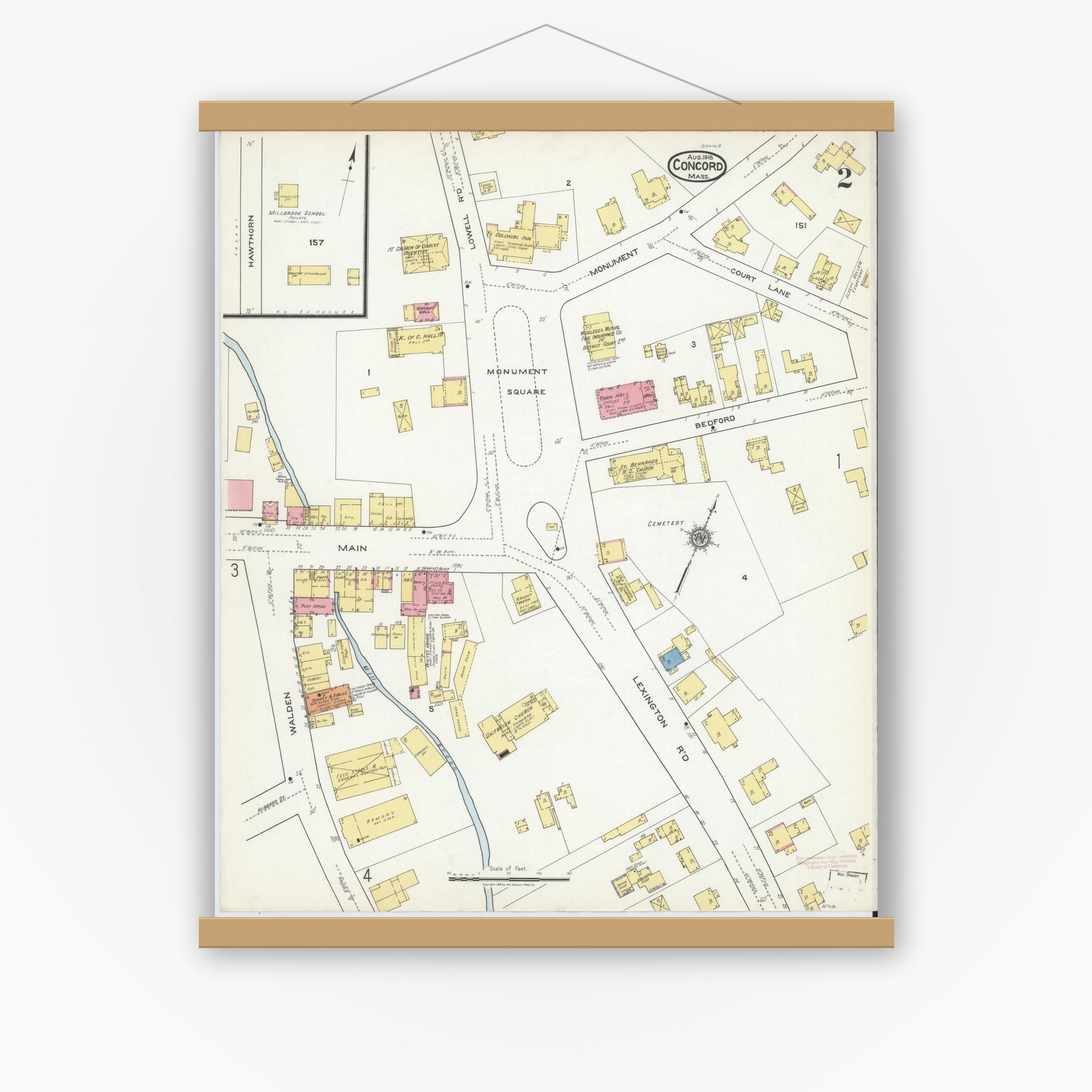 Old map wall art mockup — magnetic wood frame on white wall — Sanborn Fire Insurance Map from Concord, Middlesex County, Massachusetts (1918), Sheet #0002