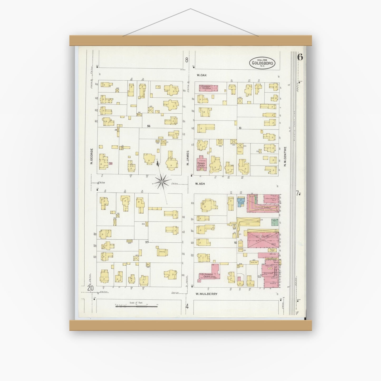 Old map wall art mockup — magnetic wood frame on white wall — Sanborn Fire Insurance Map from Goldsboro, Wayne County, North Carolina (1908), Sheet #0006