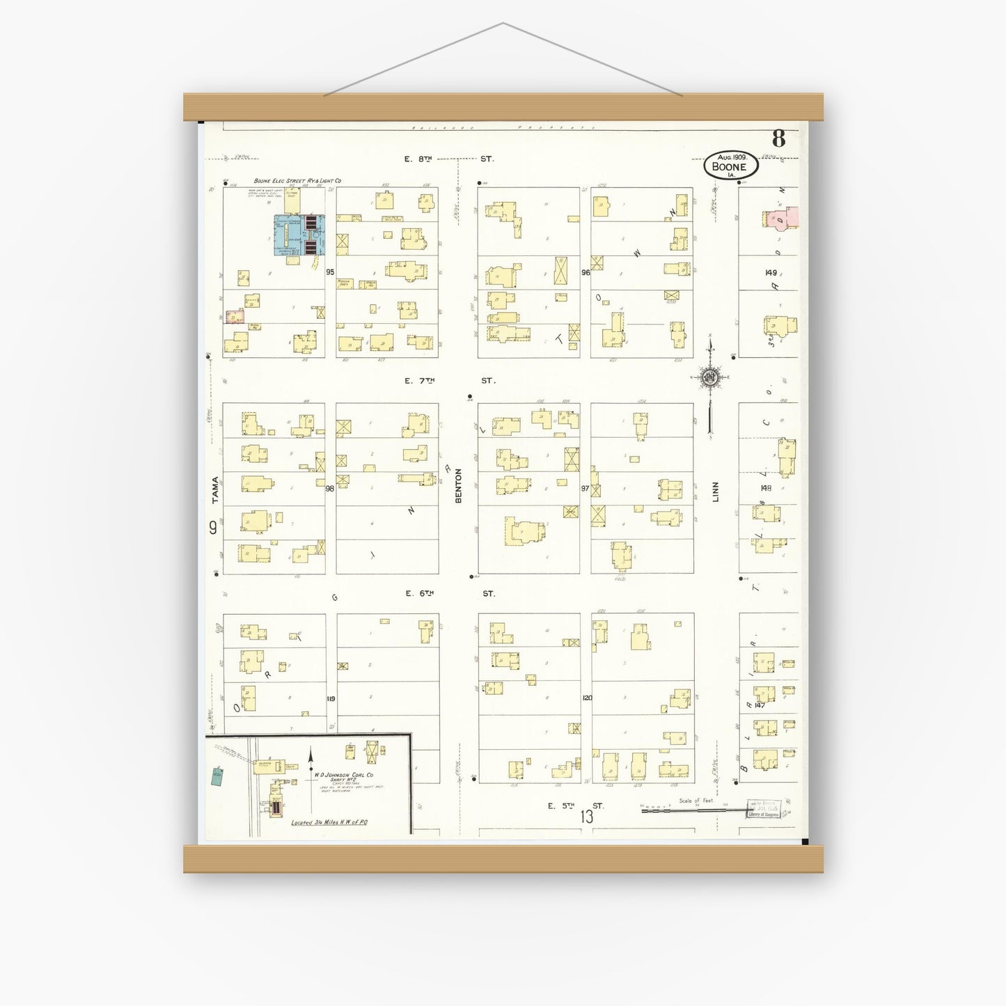 Old map wall art mockup — magnetic wood frame on white wall — Sanborn Fire Insurance Map from Boone, Boone County, Iowa (1909), Sheet #0008