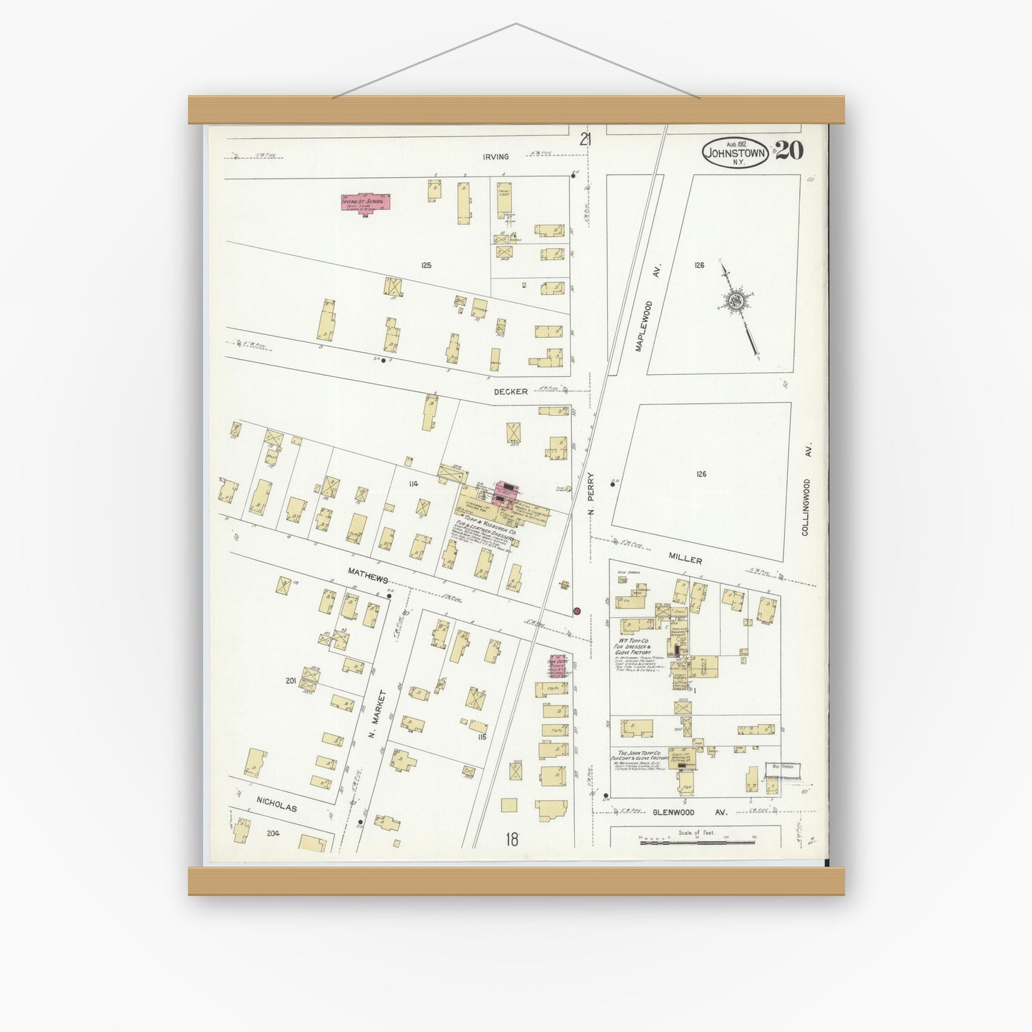Old map wall art mockup — magnetic wood frame on white wall — Sanborn Fire Insurance Map from Johnstown, Fulton County, New York (1912), Sheet #0020