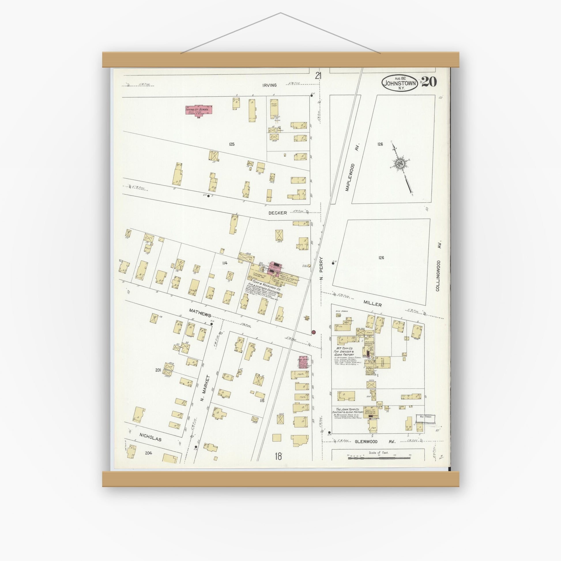 Old map wall art mockup — magnetic wood frame on white wall — Sanborn Fire Insurance Map from Johnstown, Fulton County, New York (1912), Sheet #0020