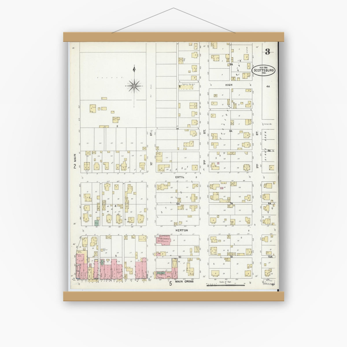 Old map wall art mockup — magnetic wood frame on white wall — Sanborn Fire Insurance Map from Scottsburg, Scott County, Indiana (1906), Sheet #0003