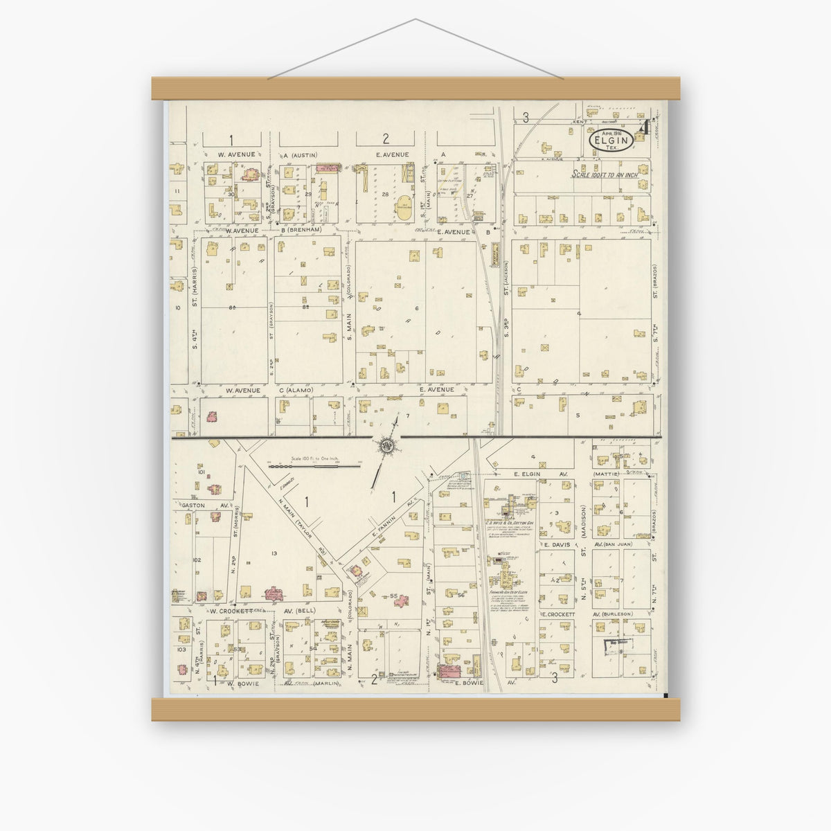 Old map wall art mockup — magnetic wood frame on white wall — Sanborn Fire Insurance Map from Elgin, Bastrop County, Texas (1916), Sheet #0004
