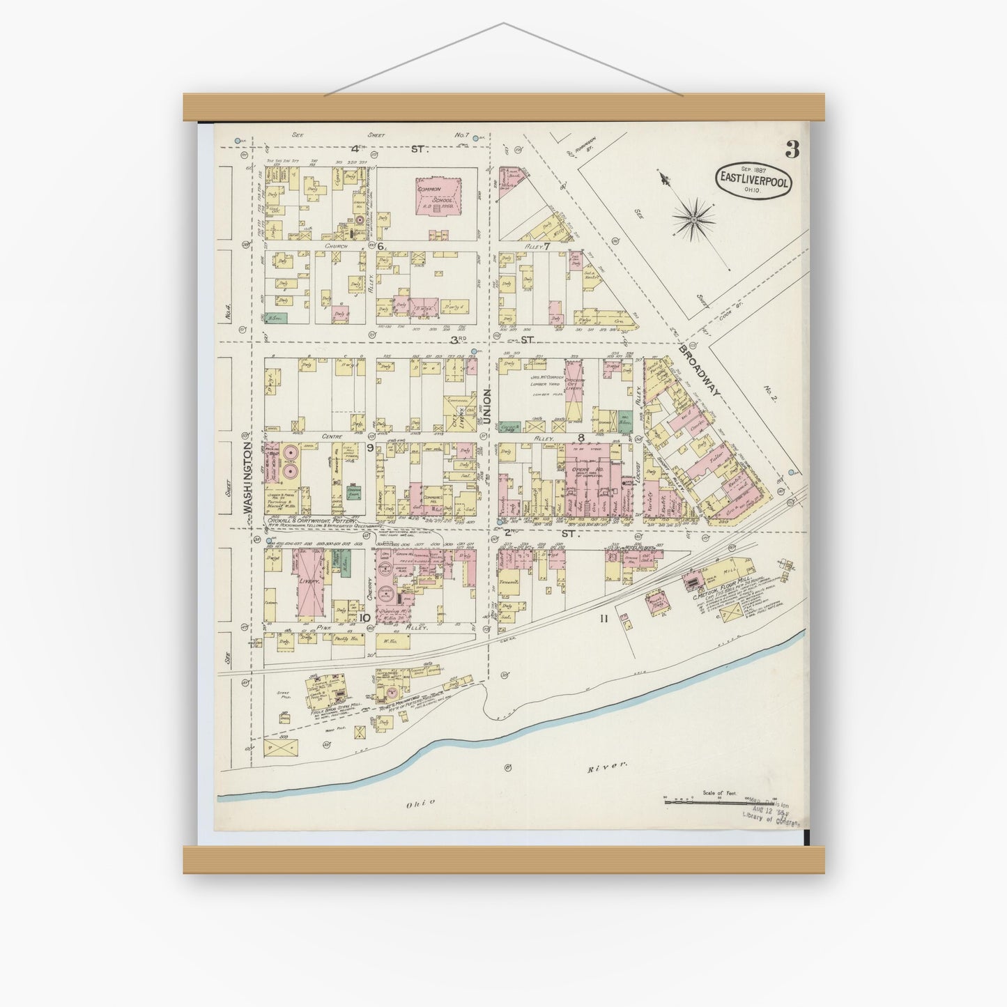 Old map wall art mockup — magnetic wood frame on white wall — Sanborn Fire Insurance Map from East Liverpool, Columbiana County, Ohio (1887), Sheet #0003
