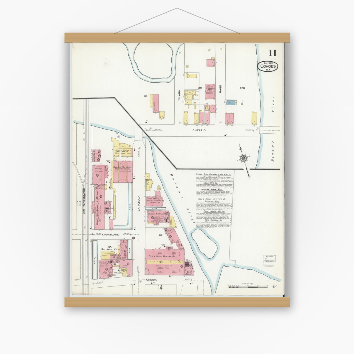 Old map wall art mockup — magnetic wood frame on white wall — Sanborn Fire Insurance Map from Cohoes, Albany County, New York (1910), Sheet #0011
