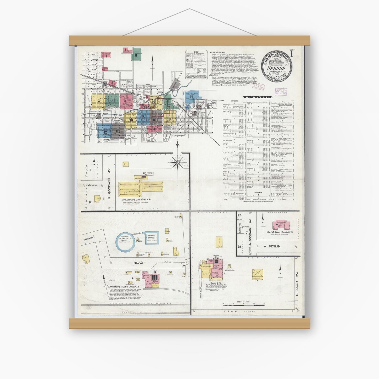 Old map wall art mockup — magnetic wood frame on white wall — Sanborn Fire Insurance Map from Urbana, Champaign County, Illinois (1909) - Complete Map Set