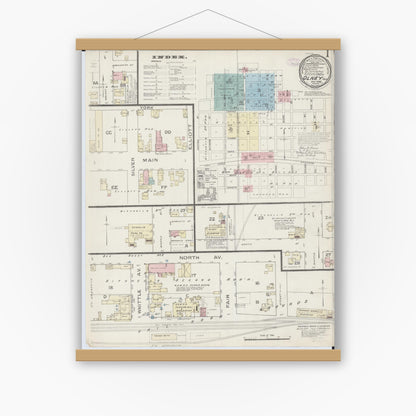 Old map wall art mockup — magnetic wood frame on white wall — Sanborn Fire Insurance Map from Olney, Richland County, Illinois (1886) - Complete Map Set