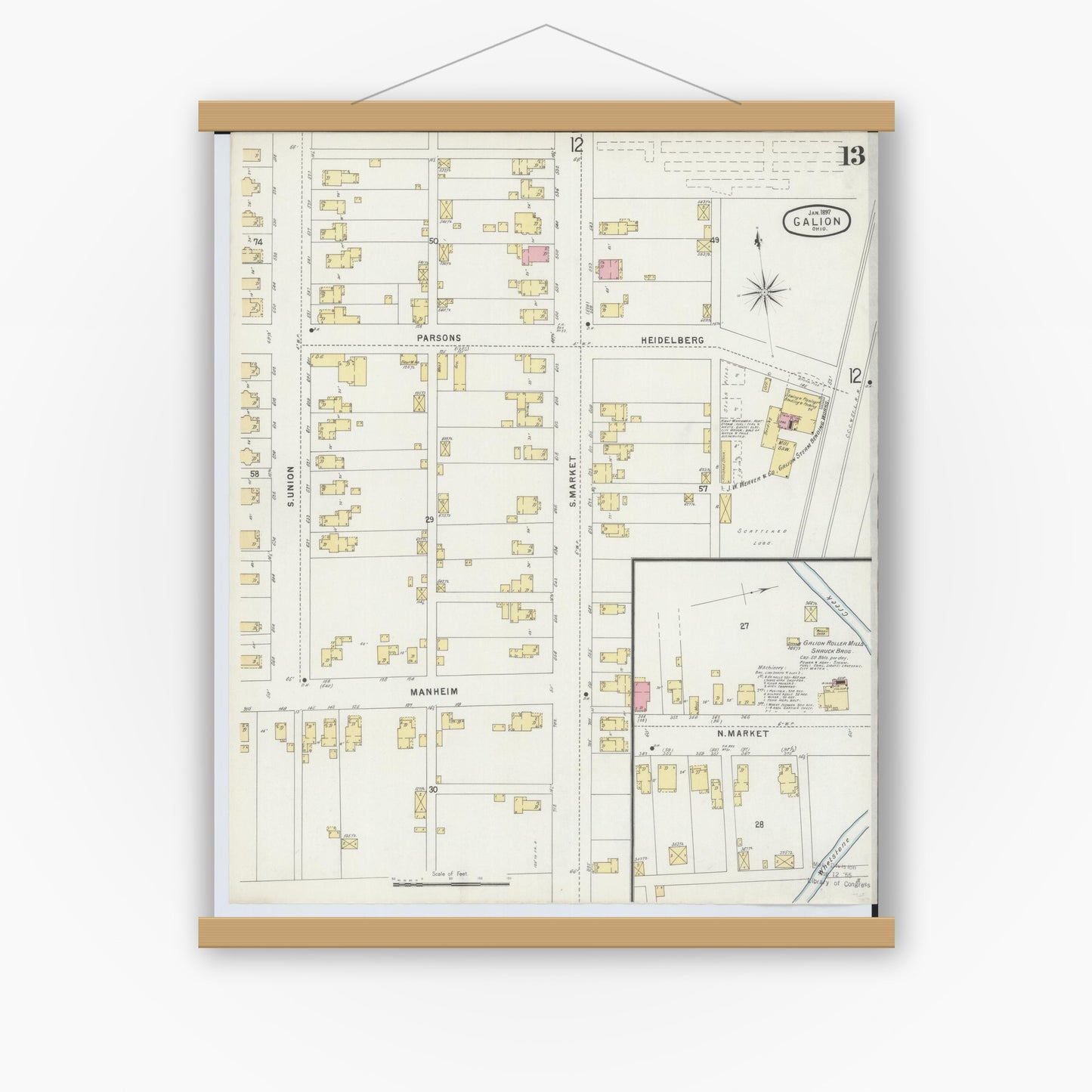 Old map wall art mockup — magnetic wood frame on white wall — Sanborn Fire Insurance Map from Galion, Crawford County, Ohio (1897), Sheet #0013