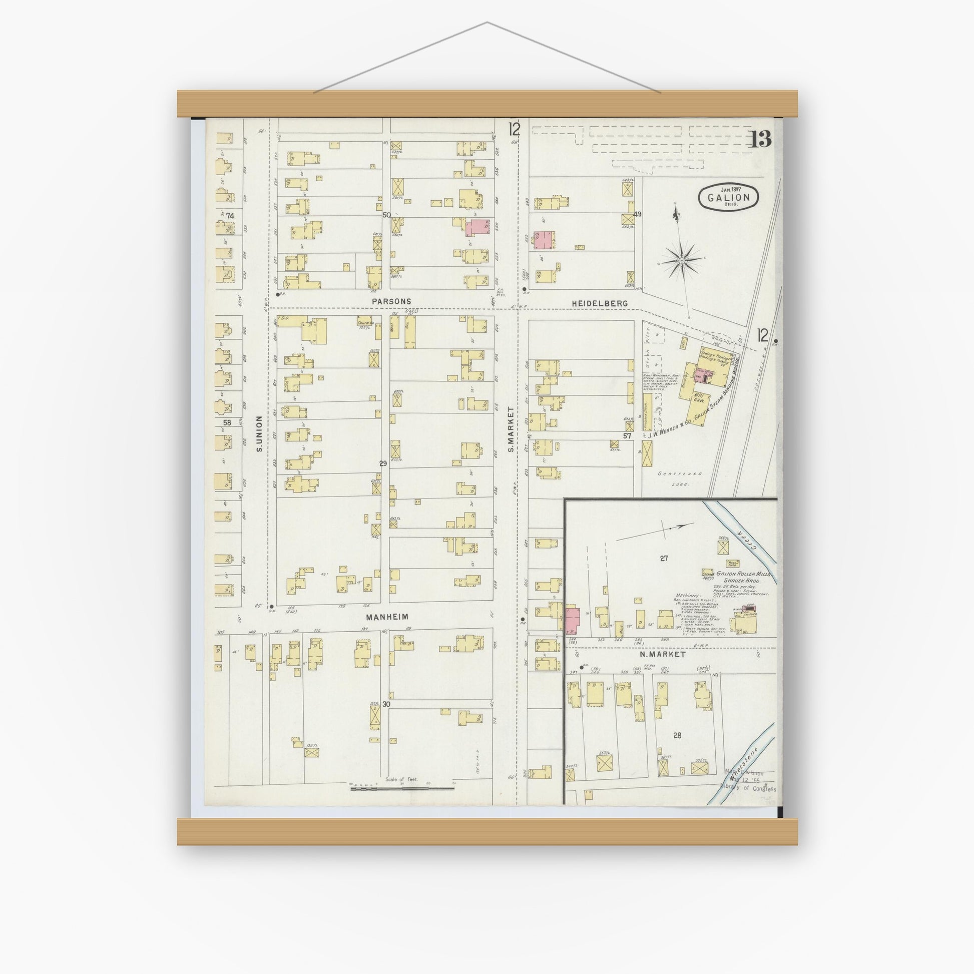 Old map wall art mockup — magnetic wood frame on white wall — Sanborn Fire Insurance Map from Galion, Crawford County, Ohio (1897), Sheet #0013