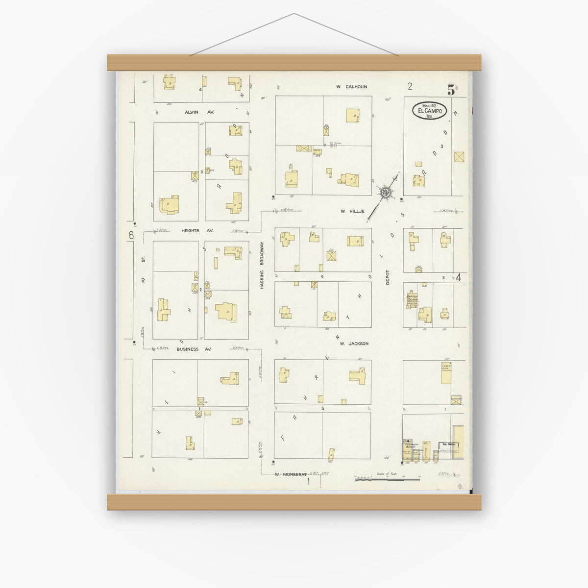 Old map wall art mockup — magnetic wood frame on white wall — Sanborn Fire Insurance Map from El Campo, Wharton County, Texas (1912), Sheet #0005