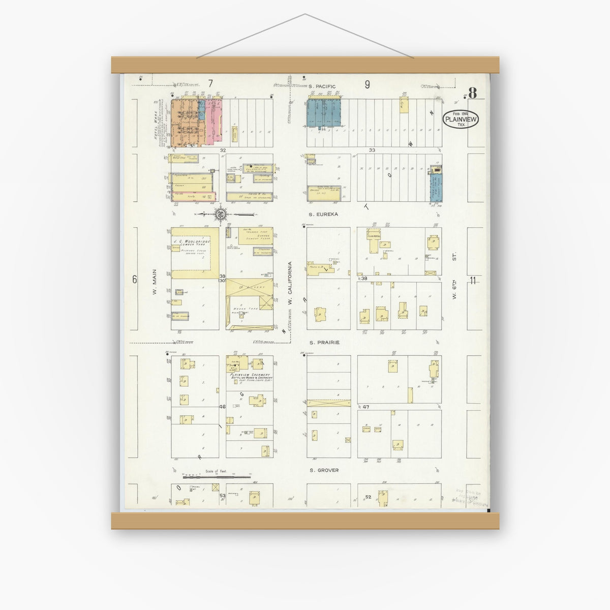 Old map wall art mockup — magnetic wood frame on white wall — Sanborn Fire Insurance Map from Plainview, Hale County, Texas (1914), Sheet #0008