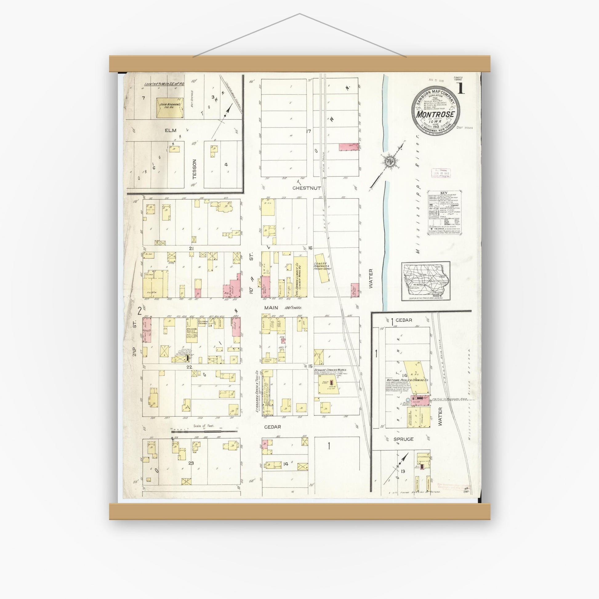 Old map wall art mockup — magnetic wood frame on white wall — Sanborn Fire Insurance Map from Montrose, Lee County, Iowa (1913) â€” Complete Set