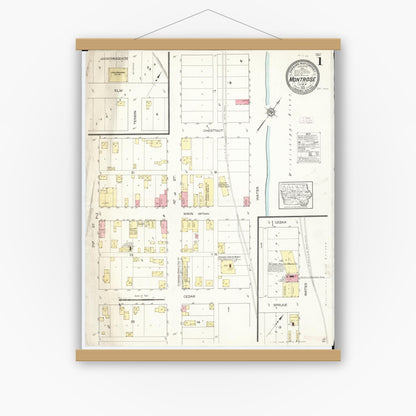 Old map wall art mockup — magnetic wood frame on white wall — Sanborn Fire Insurance Map from Montrose, Lee County, Iowa (1913) â€” Complete Set