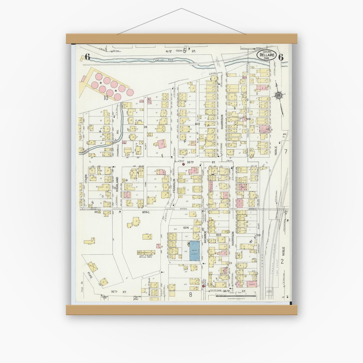 Old map wall art mockup — magnetic wood frame on white wall — Sanborn Fire Insurance Map from Bellaire, Belmont County, Ohio (1924), Sheet #0006