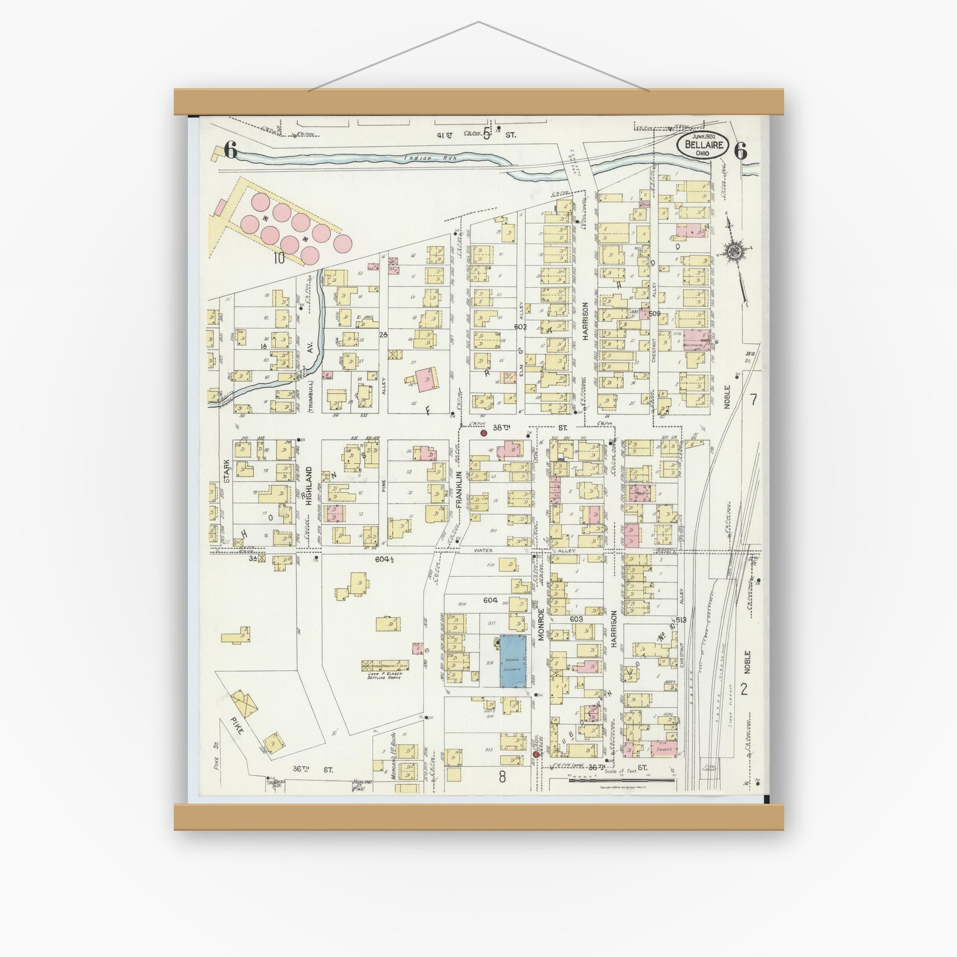 Old map wall art mockup — magnetic wood frame on white wall — Sanborn Fire Insurance Map from Bellaire, Belmont County, Ohio (1924), Sheet #0006
