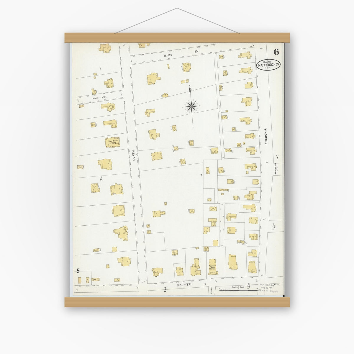 Old map wall art mockup — magnetic wood frame on white wall — Sanborn Fire Insurance Map from Nacogdoches, Nacogdoches County, Texas (1906), Sheet #0006