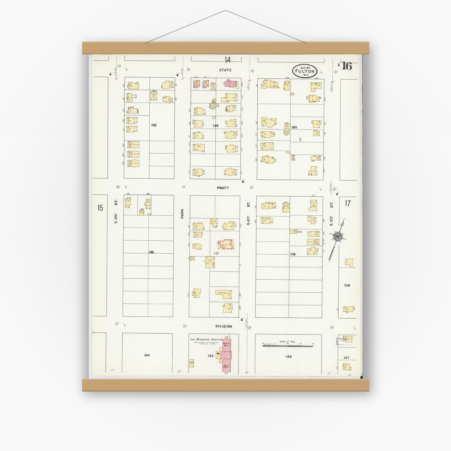 Old map wall art mockup — magnetic wood frame on white wall — Sanborn Fire Insurance Map from Fulton, Oswego County, New York (1911), Sheet #0016