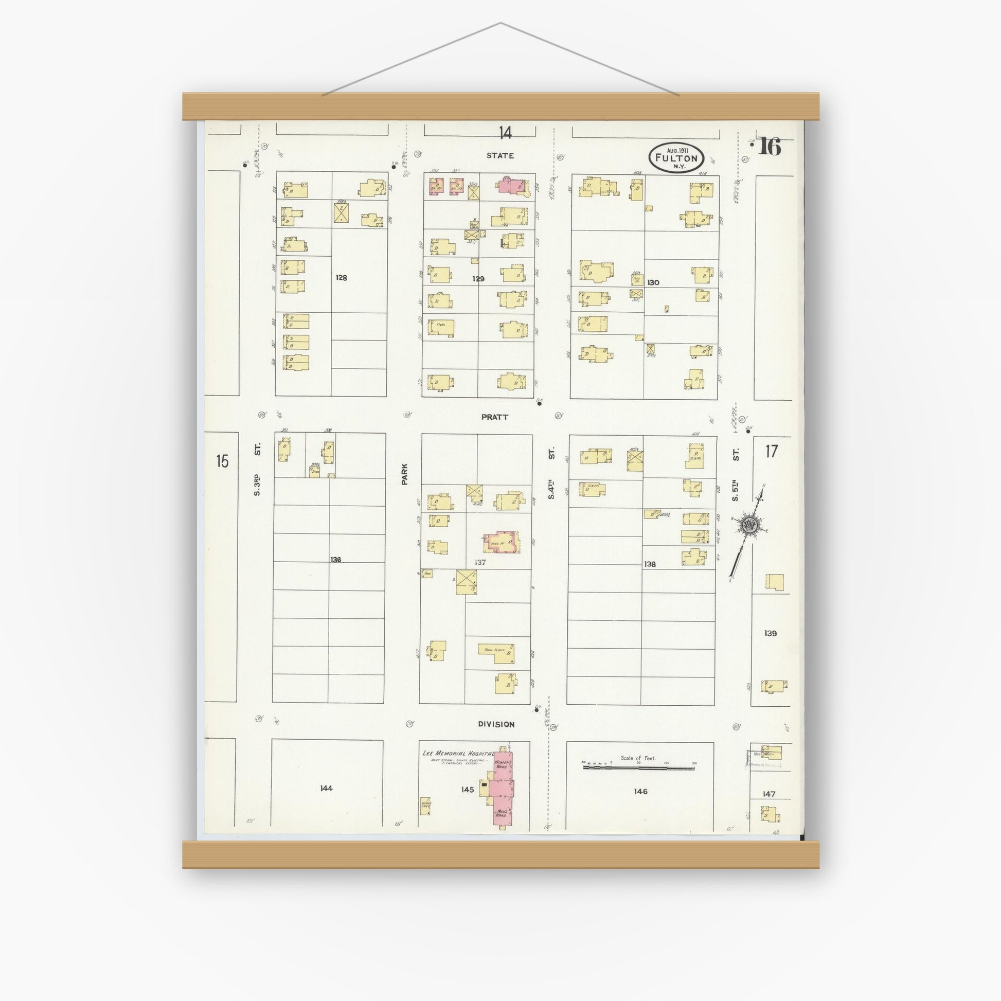 Old map wall art mockup — magnetic wood frame on white wall — Sanborn Fire Insurance Map from Fulton, Oswego County, New York (1911), Sheet #0016
