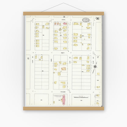 Old map wall art mockup — magnetic wood frame on white wall — Sanborn Fire Insurance Map from Fulton, Oswego County, New York (1911), Sheet #0016