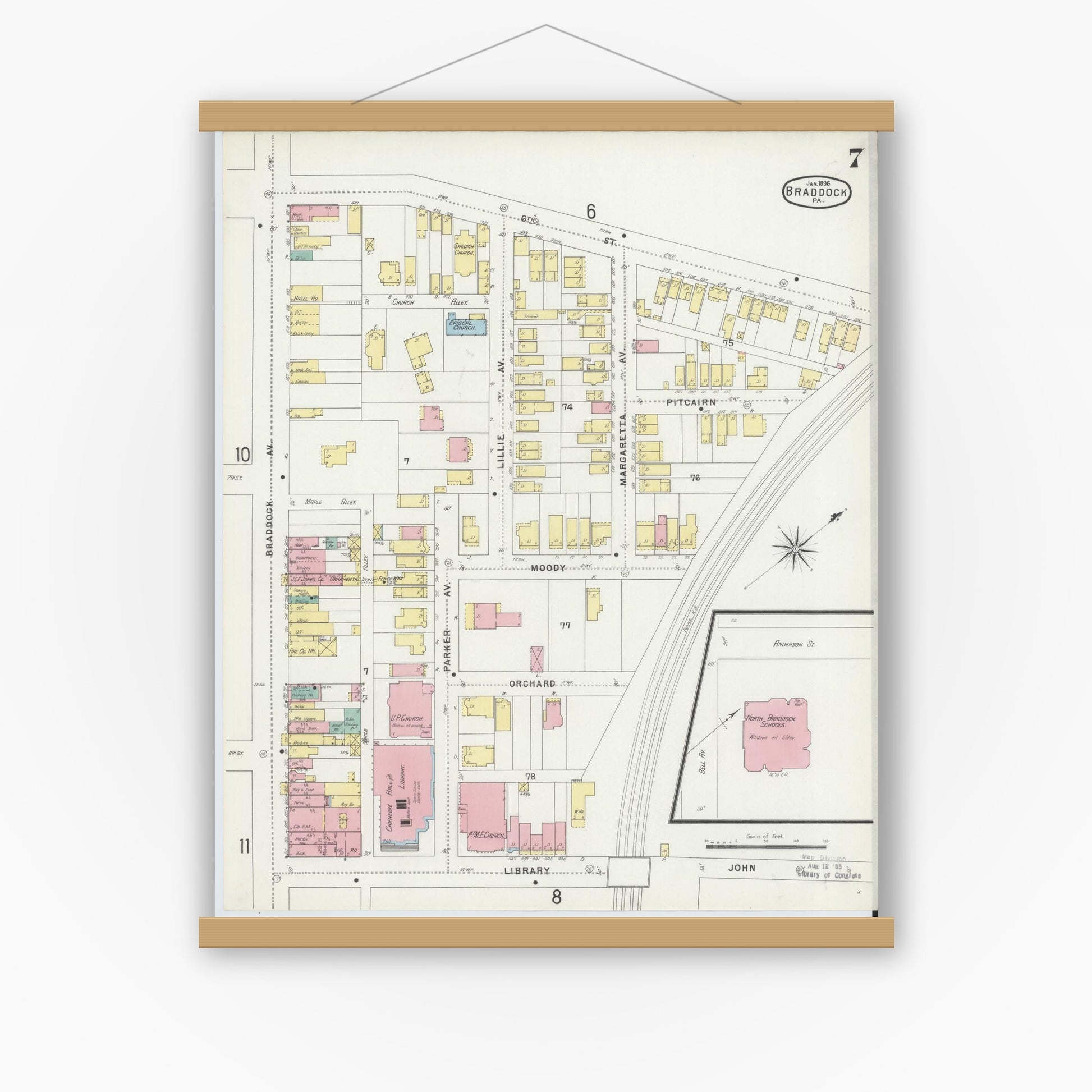 Old map wall art mockup — magnetic wood frame on white wall — Sanborn Fire Insurance Map from Braddock, Allegheny County, Pennsylvania (1896), Sheet #0007