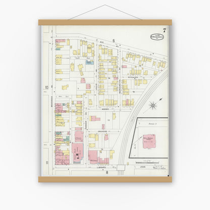 Old map wall art mockup — magnetic wood frame on white wall — Sanborn Fire Insurance Map from Braddock, Allegheny County, Pennsylvania (1896), Sheet #0007