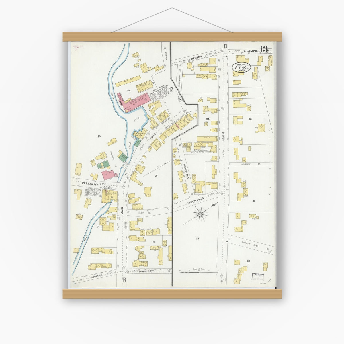 Old map wall art mockup — magnetic wood frame on white wall — Sanborn Fire Insurance Map from Athol, Worcester County, Massachusetts (1905), Sheet #0013