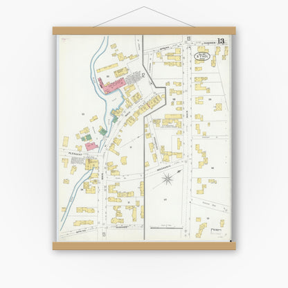 Old map wall art mockup — magnetic wood frame on white wall — Sanborn Fire Insurance Map from Athol, Worcester County, Massachusetts (1905), Sheet #0013