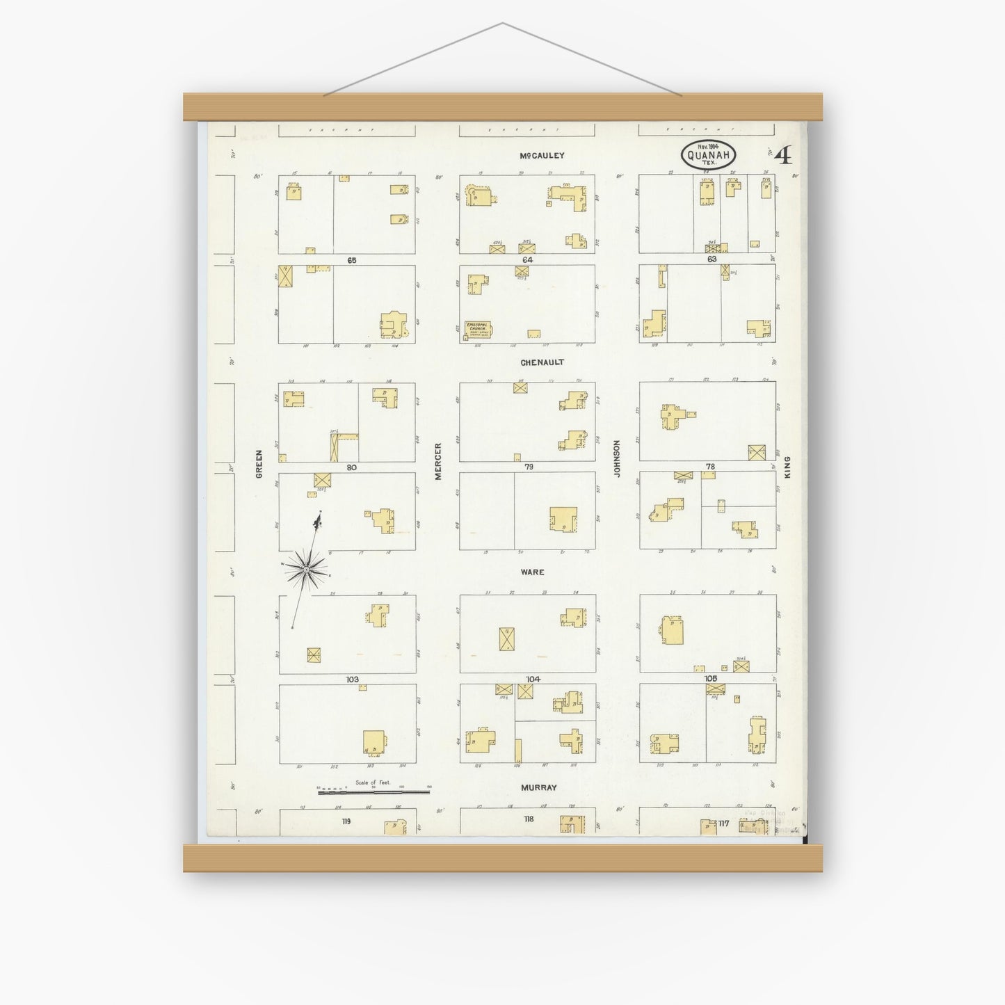 Old map wall art mockup — magnetic wood frame on white wall — Sanborn Fire Insurance Map from Quanah, Hardeman County, Texas (1904), Sheet #0004