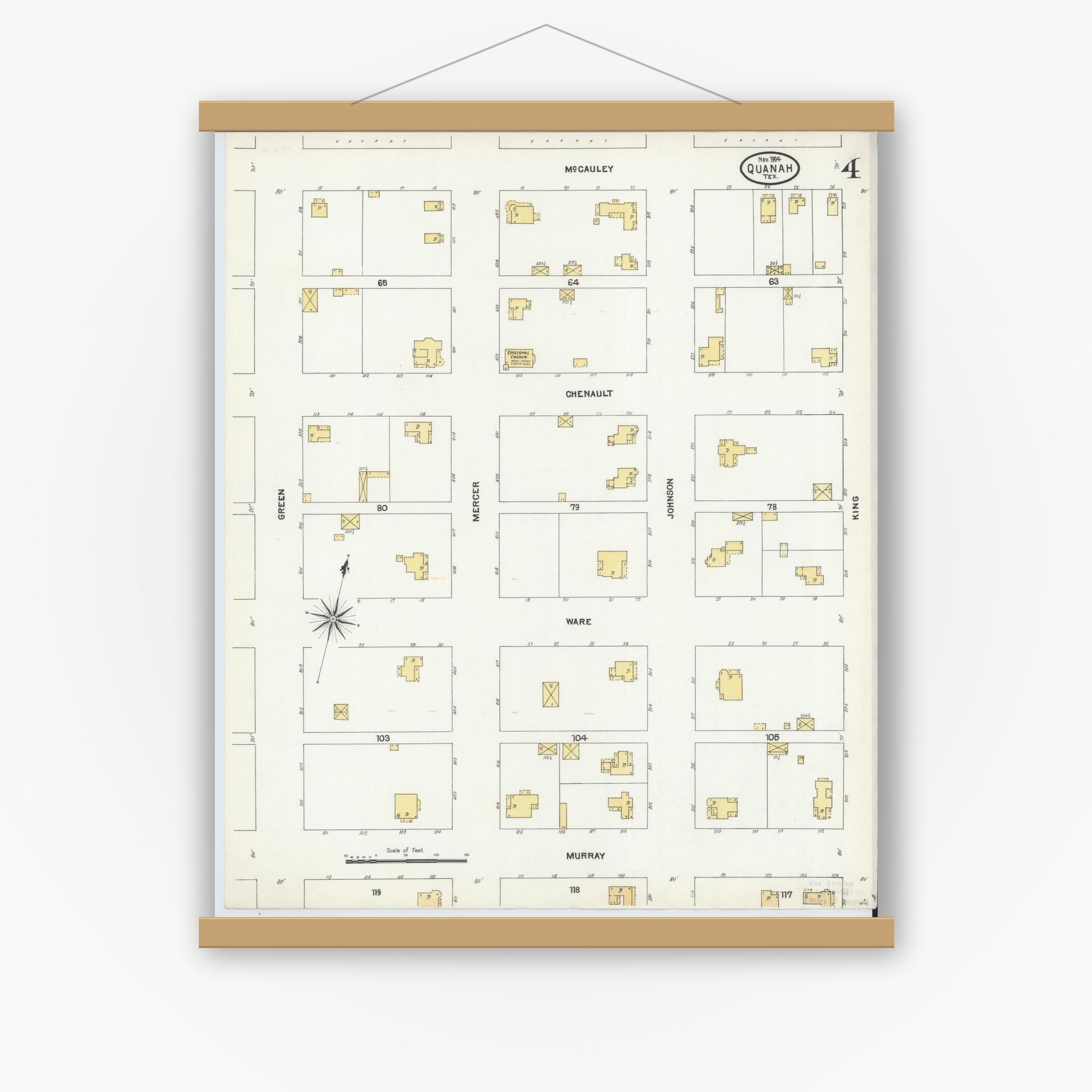 Old map wall art mockup — magnetic wood frame on white wall — Sanborn Fire Insurance Map from Quanah, Hardeman County, Texas (1904), Sheet #0004